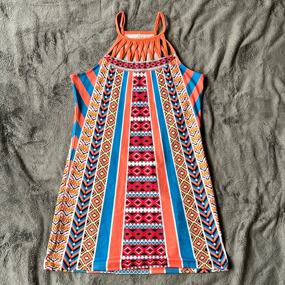 Multi-colored sleeveless summer dress.